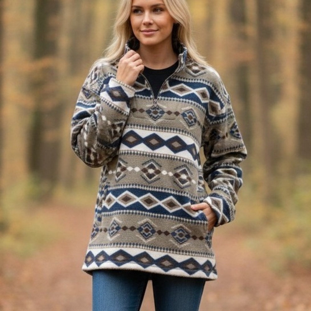 Vintage 90s Southwestern‎ Aztec Fleece Pullover 1/4 Zip Jennifer Moore M Cabin